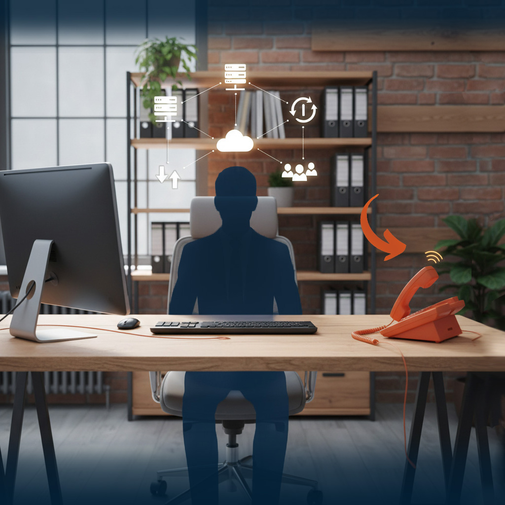 Moderner Büroarbeitsplatz mit Monitor und Stuhl. Auf dem Stuhl eine dunkelblaue Personensilhouette, darüber Icons für Firewall, Server, Backup und Benutzerverwaltung. Die Grafik zeigt die Abhängigkeit von einer einzelnen Person mit wichtigem IT-Wissen