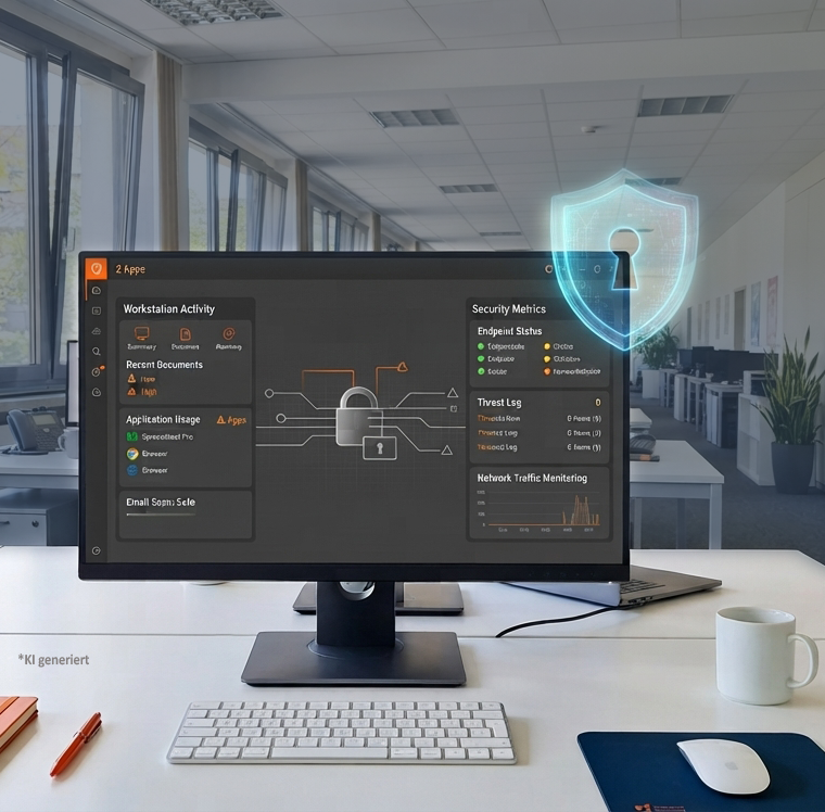 Leerer Arbeitsplatz in einem modernen Großraumbüro mit Desktop-Monitor und geöffnetem Dashboard zur IT-Sicherheit.